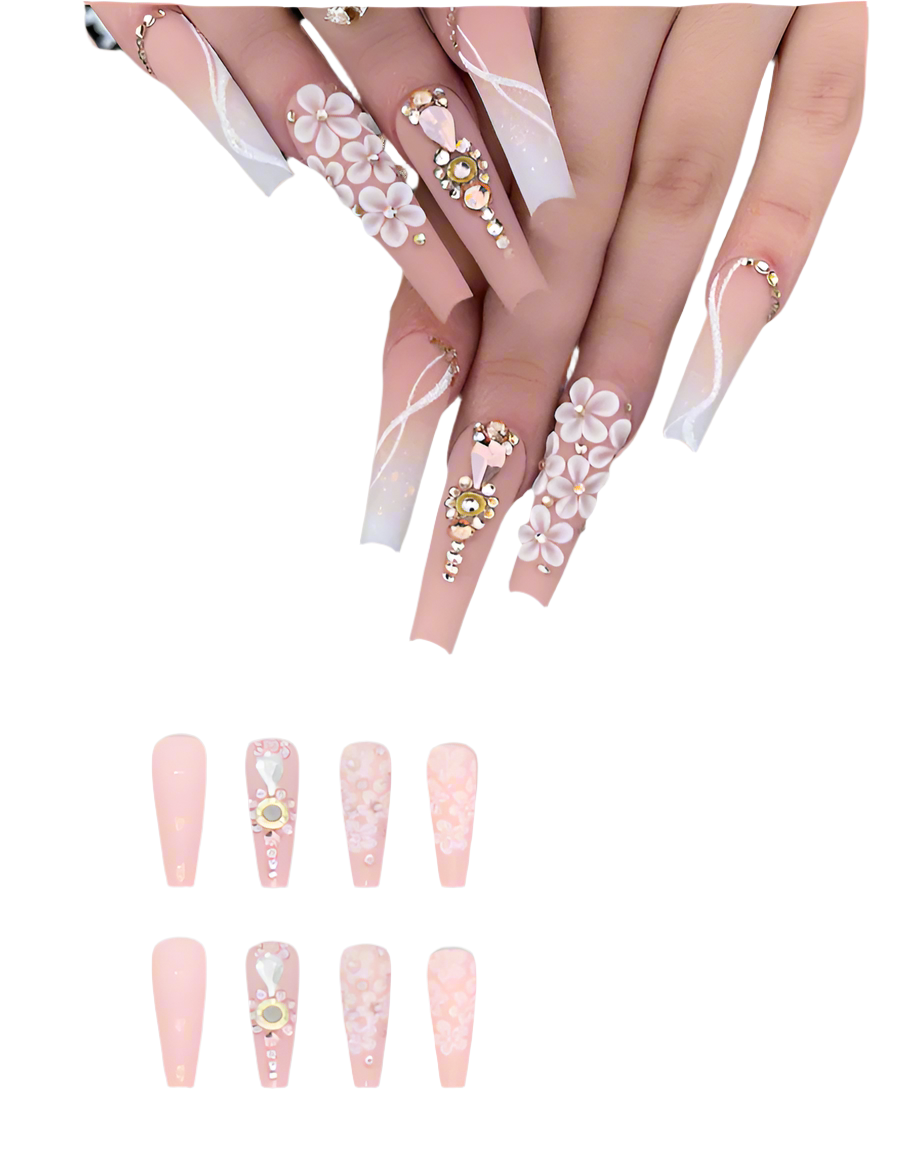 Long Ballet Gradient White Colorful Glitter Tender Girl Fake Nails Wearable
