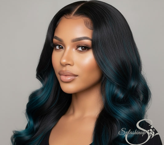 Blue Green Highlight Piano Color Big Wave Wig
