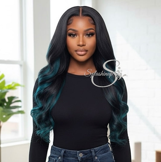 Blue Green Highlight Piano Color Big Wave Wig