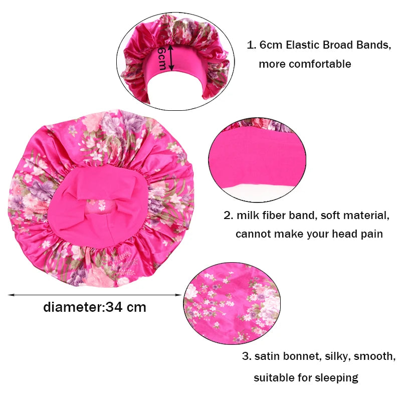 2Pcs Large Print Satin Bonnet With Stretchy Headwrap For Curly Hair Smooth Women Hair Cover Hair Wrap Cap Silk Scarf Sleep Hat