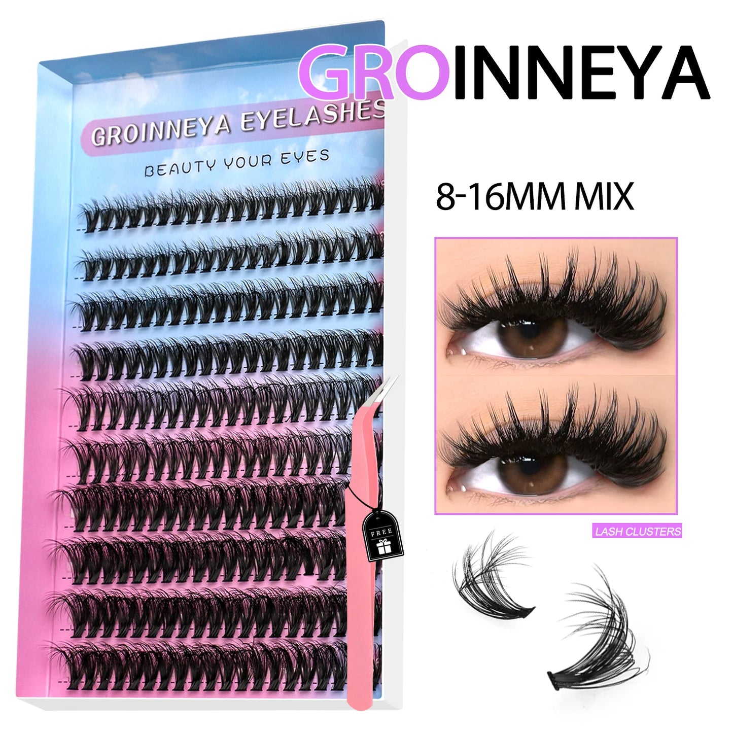GROINNEYA Lashes Clusters Kit Mixed Individual Lashes Fluffy Faux Mink Lashes Soft Natural DIY Lashes Extension Set Makeup