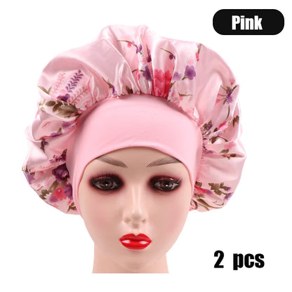 2Pcs Large Print Satin Bonnet With Stretchy Headwrap For Curly Hair Smooth Women Hair Cover Hair Wrap Cap Silk Scarf Sleep Hat