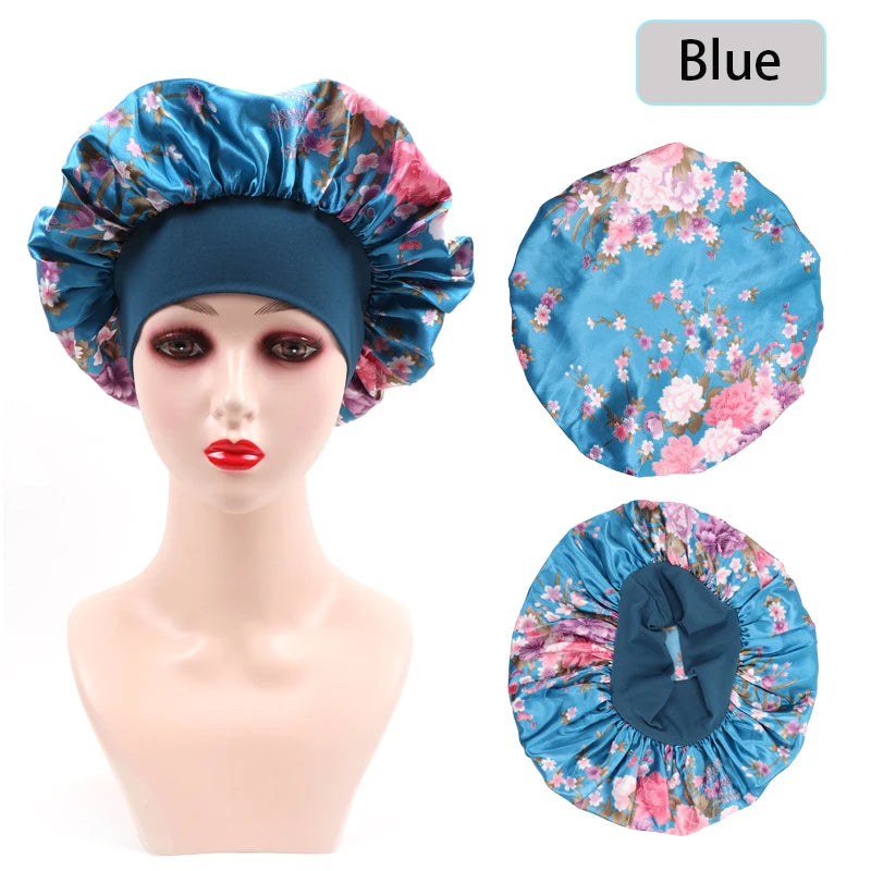 2Pcs Large Print Satin Bonnet With Stretchy Headwrap For Curly Hair Smooth Women Hair Cover Hair Wrap Cap Silk Scarf Sleep Hat
