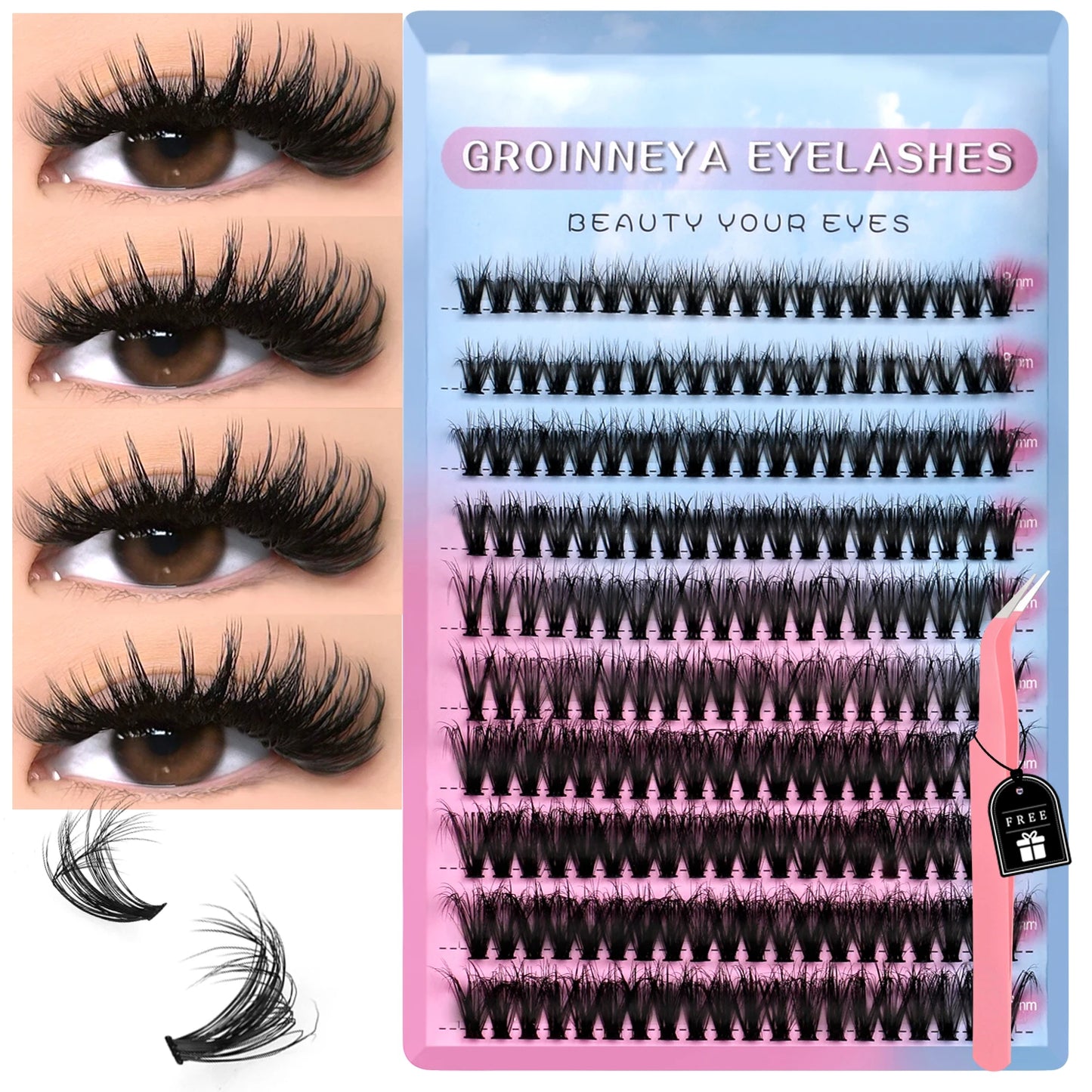 GROINNEYA Lashes Clusters Kit Mixed Individual Lashes Fluffy Faux Mink Lashes Soft Natural DIY Lashes Extension Set Makeup