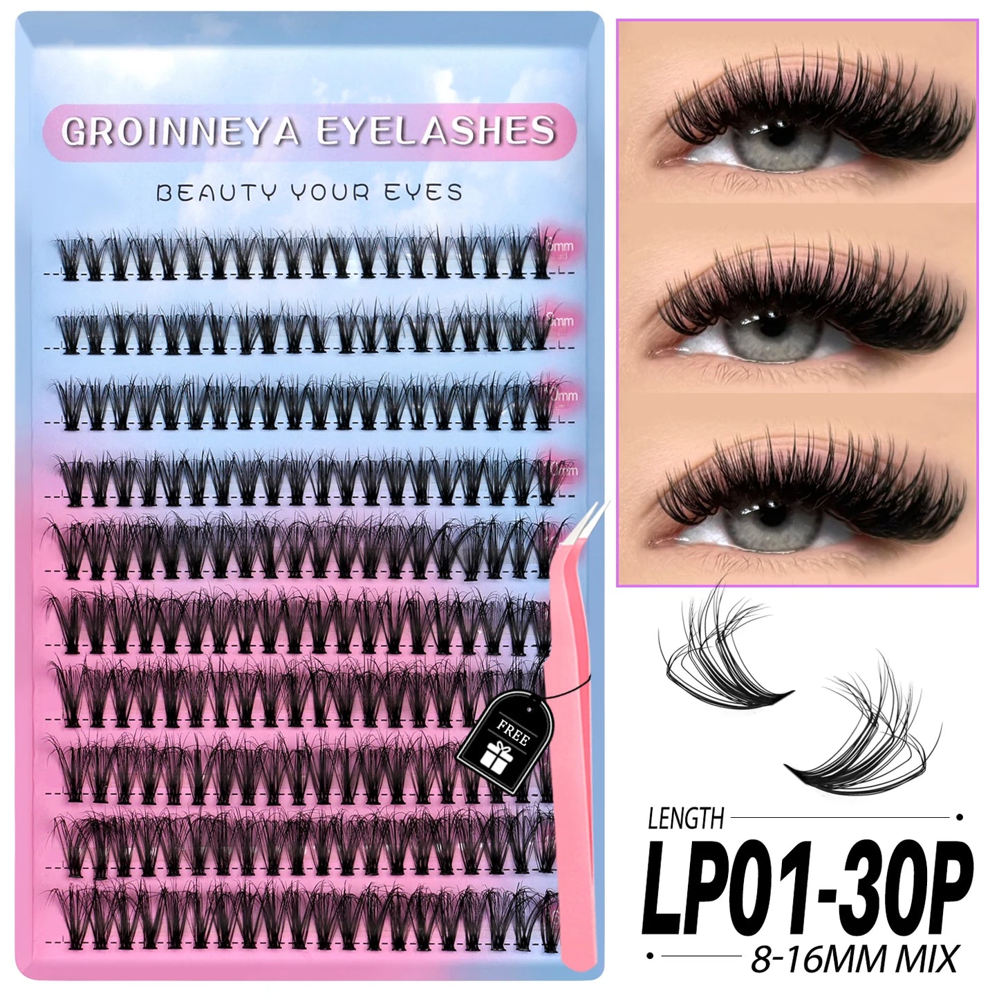 GROINNEYA Lashes Clusters Kit Mixed Individual Lashes Fluffy Faux Mink Lashes Soft Natural DIY Lashes Extension Set Makeup