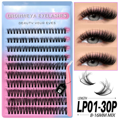 GROINNEYA Lashes Clusters Kit Mixed Individual Lashes Fluffy Faux Mink Lashes Soft Natural DIY Lashes Extension Set Makeup