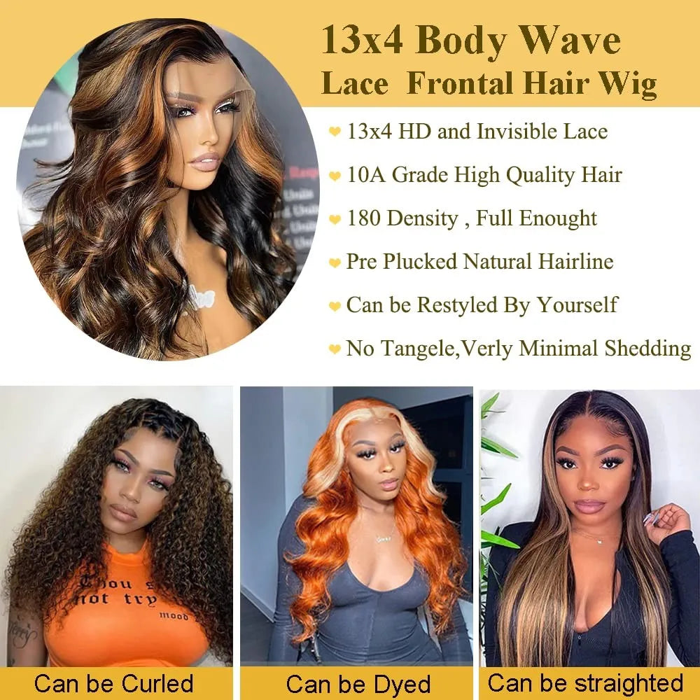 32 Inch Highlight Lace Front Wig Human Hair 1B/30 Body Wave Ombre Lace Front Wig Human Hair 13x6 Lace Frontal Wigs 180 Density
