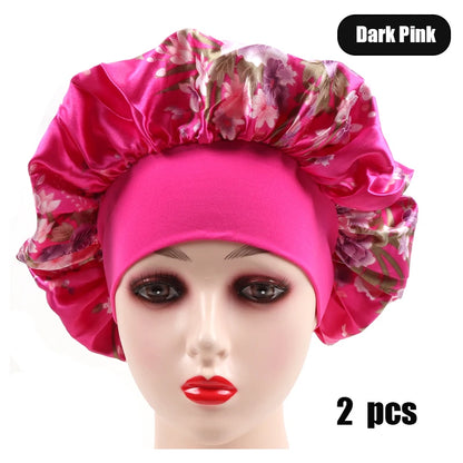 2Pcs Large Print Satin Bonnet With Stretchy Headwrap For Curly Hair Smooth Women Hair Cover Hair Wrap Cap Silk Scarf Sleep Hat
