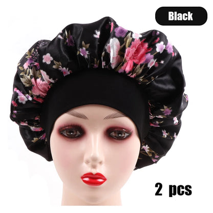 2Pcs Large Print Satin Bonnet With Stretchy Headwrap For Curly Hair Smooth Women Hair Cover Hair Wrap Cap Silk Scarf Sleep Hat