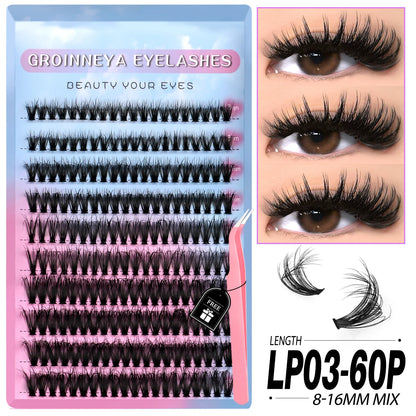 GROINNEYA Lashes Clusters Kit Mixed Individual Lashes Fluffy Faux Mink Lashes Soft Natural DIY Lashes Extension Set Makeup