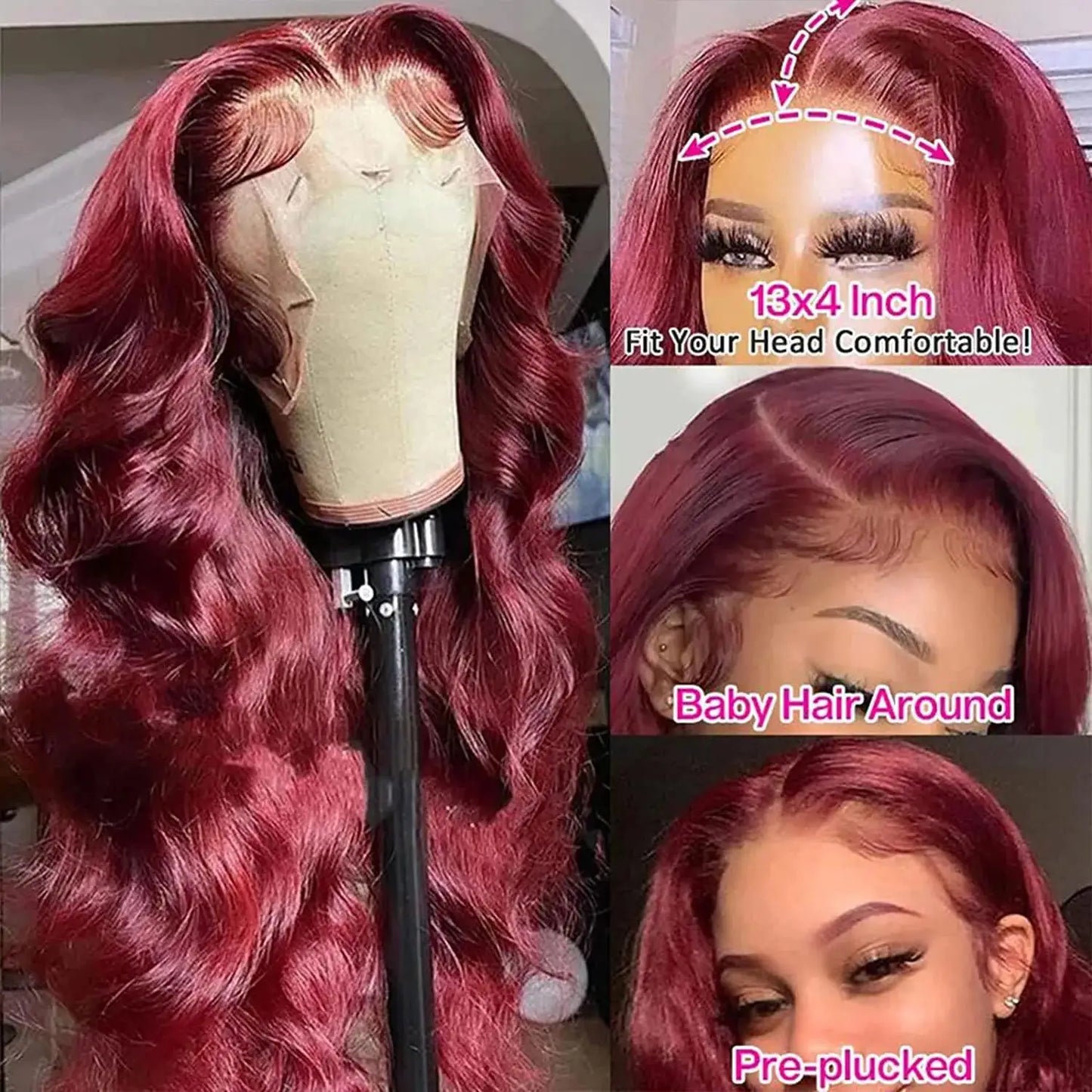 200% Body Wave Wig Burgundy 99J Lace Front Wig 13x4 13x6 HD Lace Frontal Wig Human Hair Pre Plucked 99j Red Colored Wig