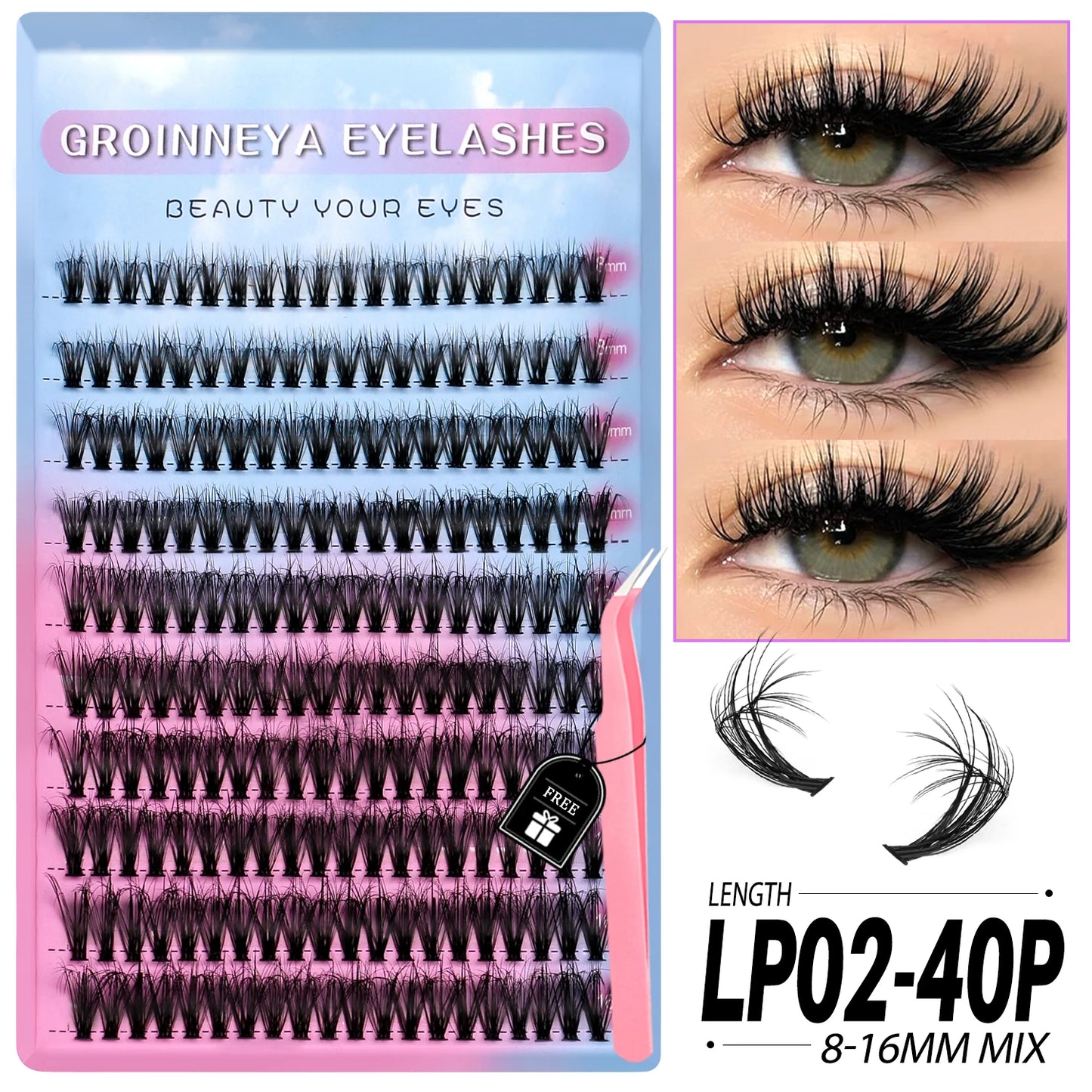 GROINNEYA Lashes Clusters Kit Mixed Individual Lashes Fluffy Faux Mink Lashes Soft Natural DIY Lashes Extension Set Makeup