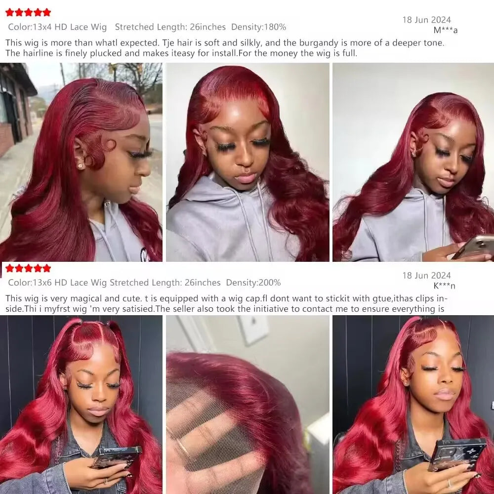 200% Body Wave Wig Burgundy 99J Lace Front
