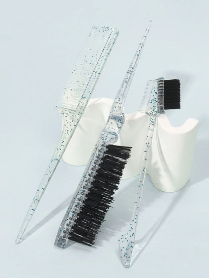 3-piece transparent comb set with double-sided edge control brush  tear brush and pointed tail comb Special for real hair wigs