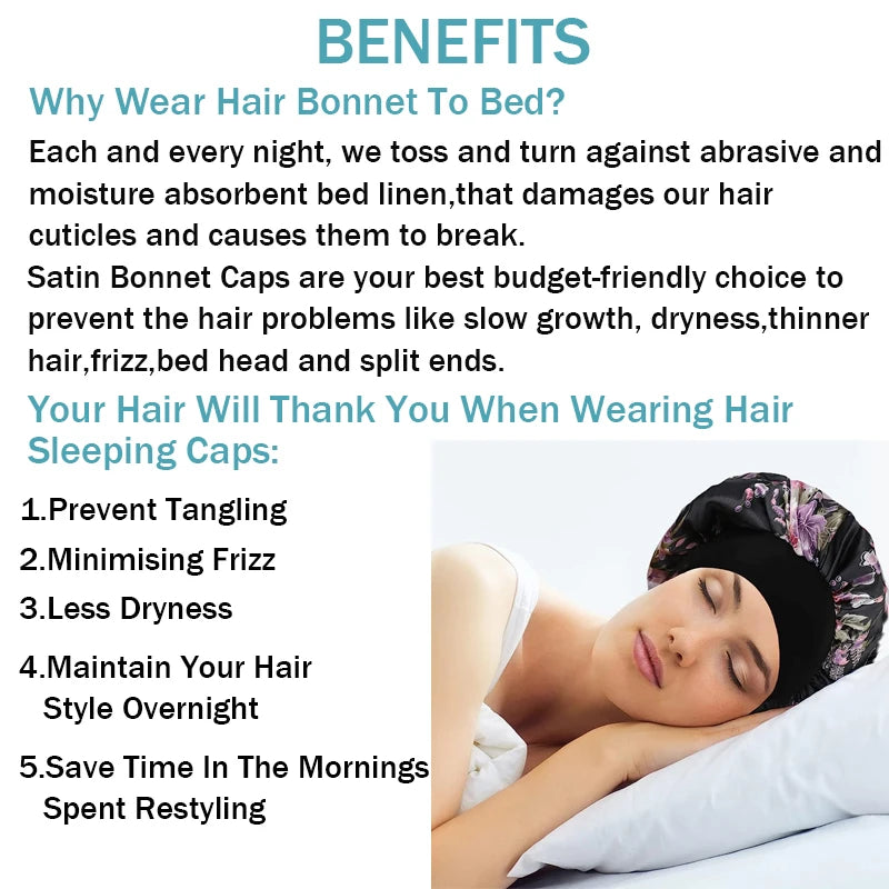 2Pcs Large Print Satin Bonnet With Stretchy Headwrap For Curly Hair Smooth Women Hair Cover Hair Wrap Cap Silk Scarf Sleep Hat