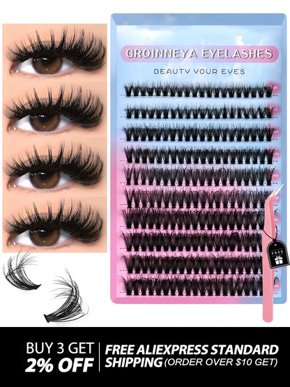 GROINNEYA Lashes Clusters Kit Mixed Individual Lashes Fluffy Faux Mink Lashes Soft Natural DIY Lashes Extension Set Makeup