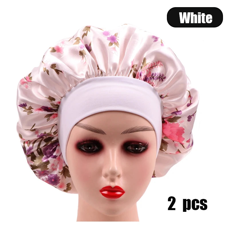 2Pcs Large Print Satin Bonnet With Stretchy Headwrap For Curly Hair Smooth Women Hair Cover Hair Wrap Cap Silk Scarf Sleep Hat