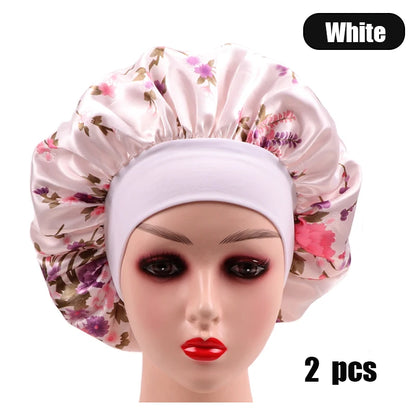 2Pcs Large Print Satin Bonnet With Stretchy Headwrap For Curly Hair Smooth Women Hair Cover Hair Wrap Cap Silk Scarf Sleep Hat