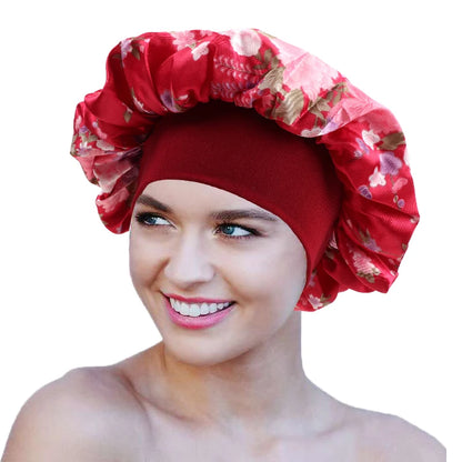 2Pcs Large Print Satin Bonnet With Stretchy Headwrap For Curly Hair Smooth Women Hair Cover Hair Wrap Cap Silk Scarf Sleep Hat
