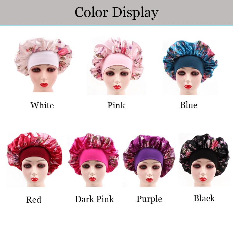 2Pcs Large Print Satin Bonnet With Stretchy Headwrap For Curly Hair Smooth Women Hair Cover Hair Wrap Cap Silk Scarf Sleep Hat