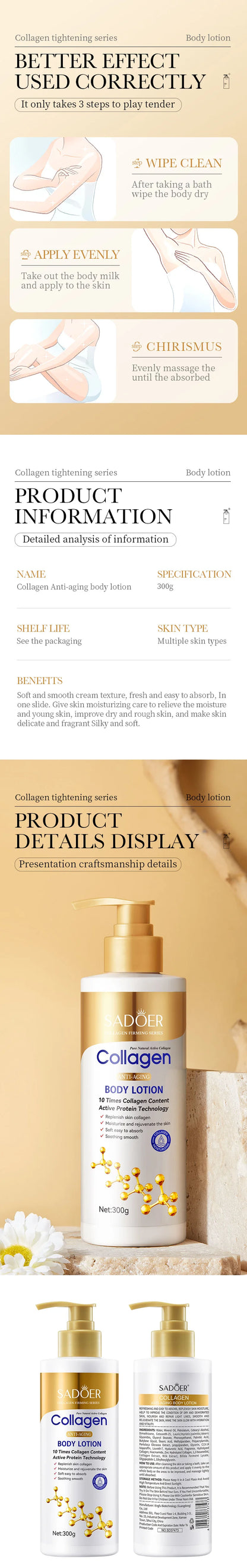 Collagen Body Lotion 300g Moisturizing and Anti-aging and Whitening Body Cream