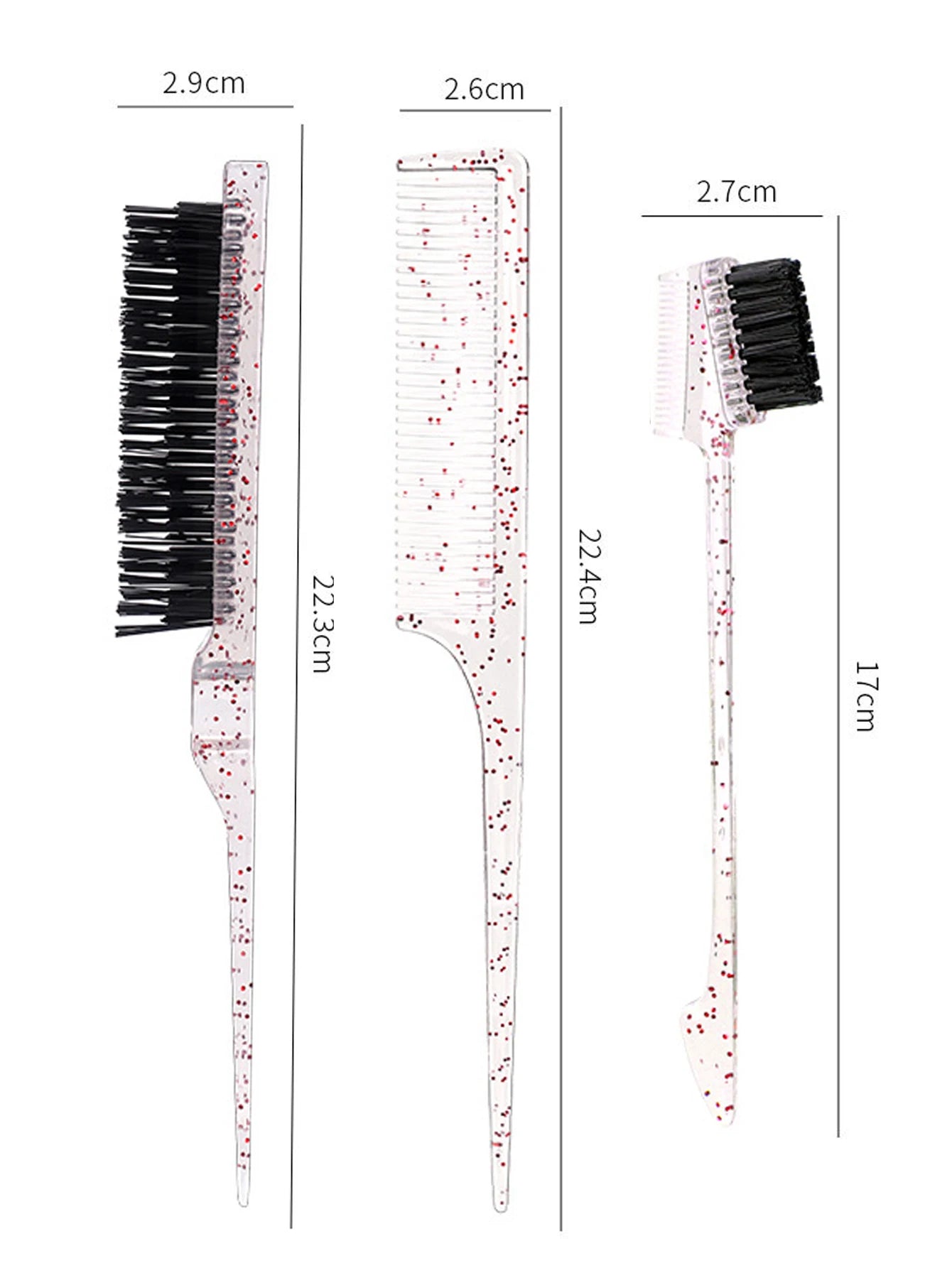 3-piece transparent comb set with double-sided edge control brush  tear brush and pointed tail comb Special for real hair wigs