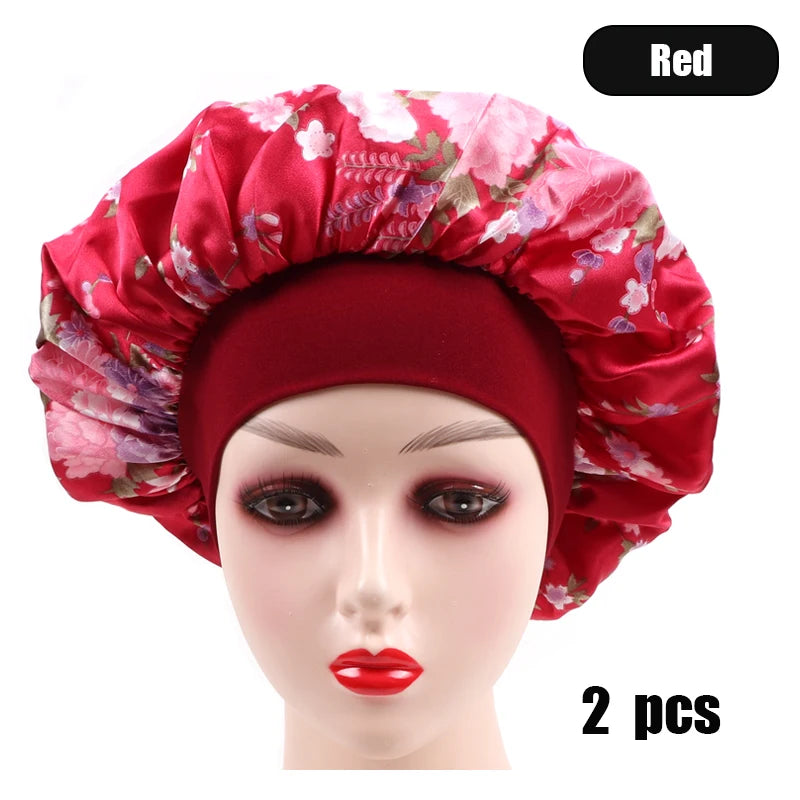2Pcs Large Print Satin Bonnet With Stretchy Headwrap For Curly Hair Smooth Women Hair Cover Hair Wrap Cap Silk Scarf Sleep Hat