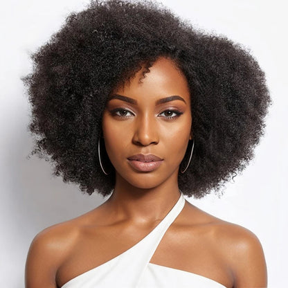 Idoli Hair Side Part Afro Curly Bouncy No Glue Minimalist Lace Wig 100% Human Hair Natural Black Color Bob Wig Human Hair