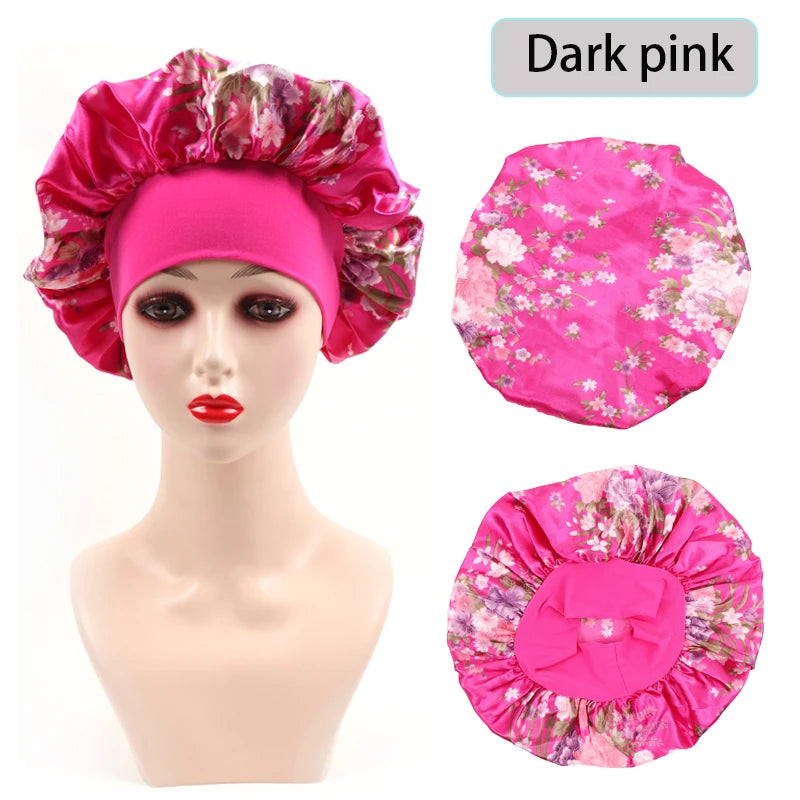 2Pcs Large Print Satin Bonnet With Stretchy Headwrap For Curly Hair Smooth Women Hair Cover Hair Wrap Cap Silk Scarf Sleep Hat