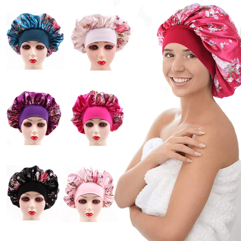 2Pcs Large Print Satin Bonnet With Stretchy Headwrap For Curly Hair Smooth Women Hair Cover Hair Wrap Cap Silk Scarf Sleep Hat