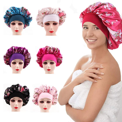 2Pcs Large Print Satin Bonnet With Stretchy Headwrap For Curly Hair Smooth Women Hair Cover Hair Wrap Cap Silk Scarf Sleep Hat