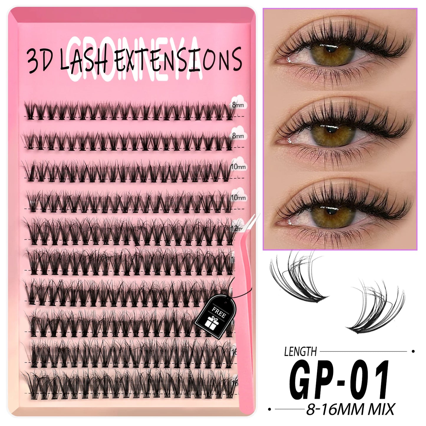 GROINNEYA Lashes Clusters Kit Mixed Individual Lashes Fluffy Faux Mink Lashes Soft Natural DIY Lashes Extension Set Makeup