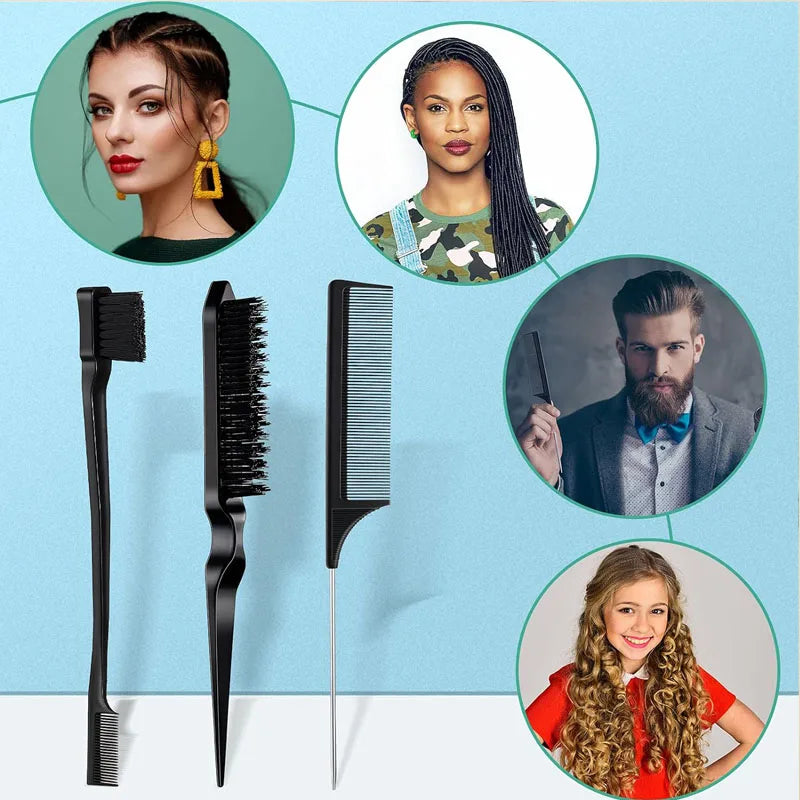 3-piece hair styling comb set with triple tear hair brush, mouse tail comb edge brush, salon hair styling tool, hair tail tool