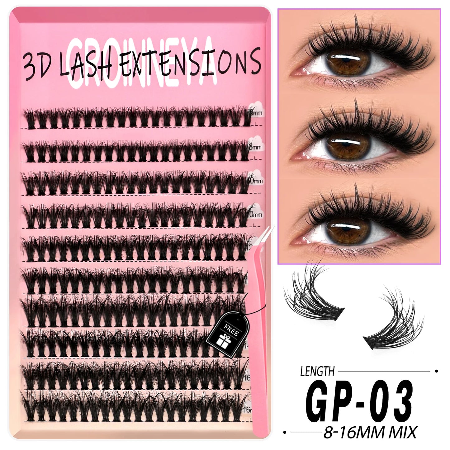 GROINNEYA Lashes Clusters Kit Mixed Individual Lashes Fluffy Faux Mink Lashes Soft Natural DIY Lashes Extension Set Makeup