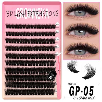 GROINNEYA Lashes Clusters Kit Mixed Individual Lashes Fluffy Faux Mink Lashes Soft Natural DIY Lashes Extension Set Makeup
