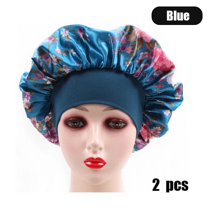 2Pcs Large Print Satin Bonnet With Stretchy Headwrap For Curly Hair Smooth Women Hair Cover Hair Wrap Cap Silk Scarf Sleep Hat