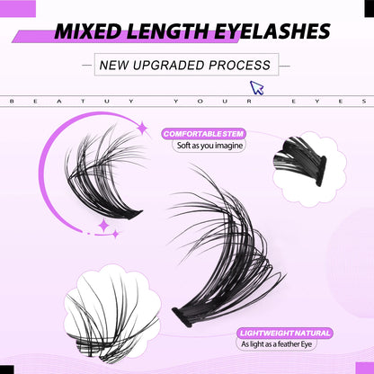 GROINNEYA Lashes Clusters Kit Mixed Individual Lashes Fluffy Faux Mink Lashes Soft Natural DIY Lashes Extension Set Makeup