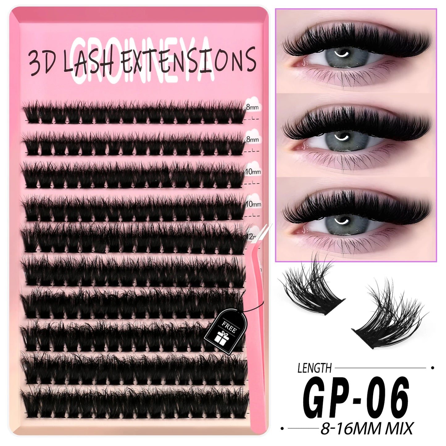 GROINNEYA Lashes Clusters Kit Mixed Individual Lashes Fluffy Faux Mink Lashes Soft Natural DIY Lashes Extension Set Makeup