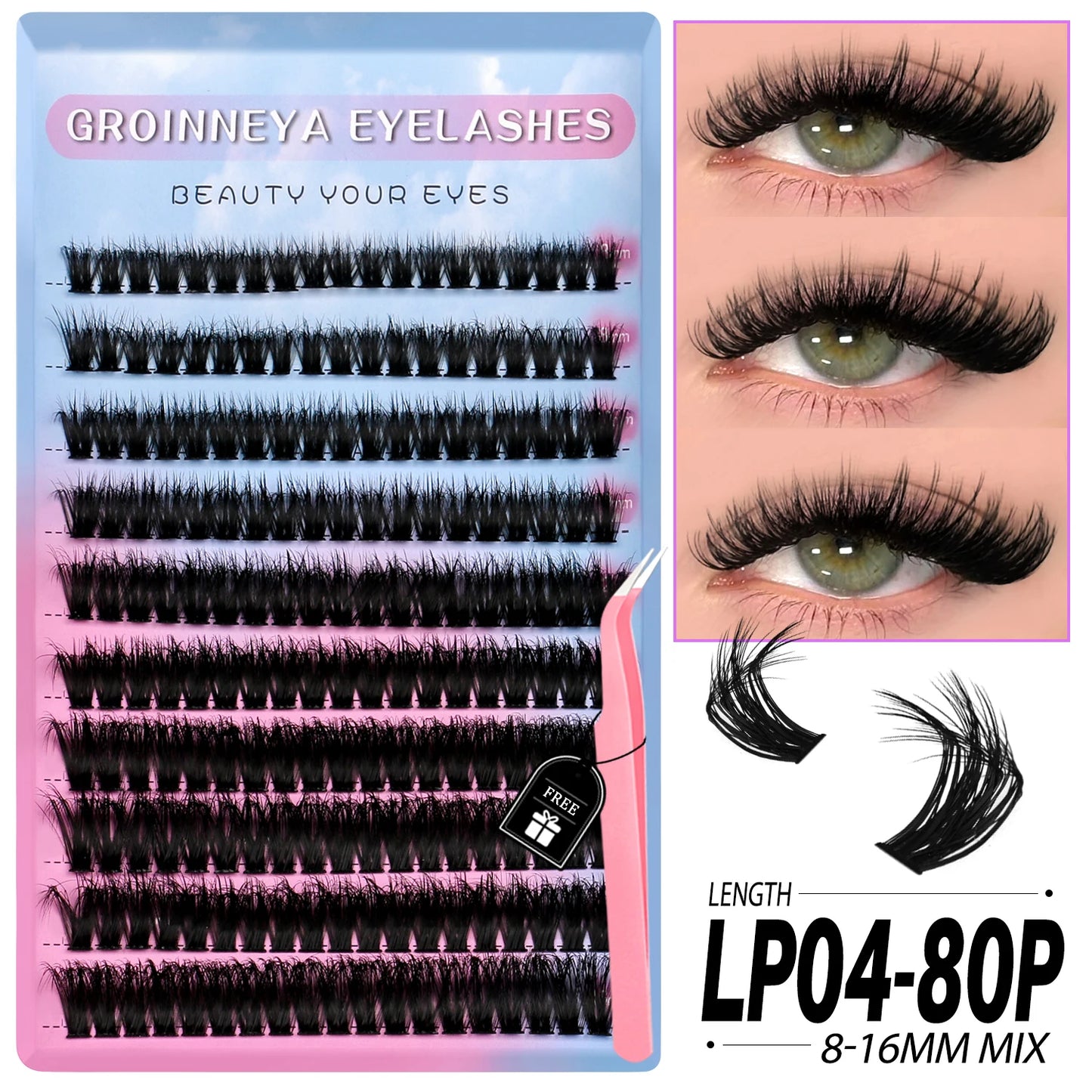 GROINNEYA Lashes Clusters Kit Mixed Individual Lashes Fluffy Faux Mink Lashes Soft Natural DIY Lashes Extension Set Makeup