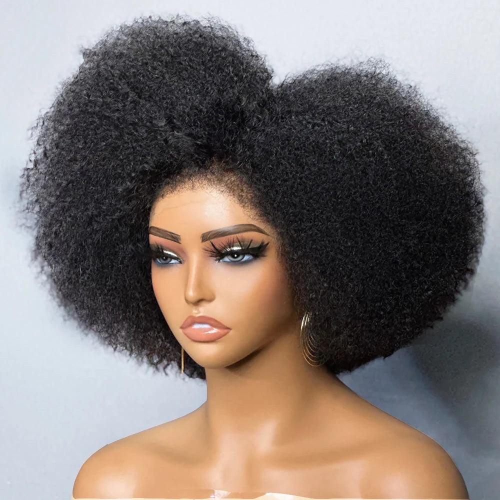 Idoli Hair Side Part Afro Curly Bouncy No Glue Minimalist Lace Wig 100% Human Hair Natural Black Color Bob Wig Human Hair