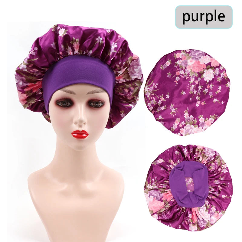 2Pcs Large Print Satin Bonnet With Stretchy Headwrap For Curly Hair Smooth Women Hair Cover Hair Wrap Cap Silk Scarf Sleep Hat