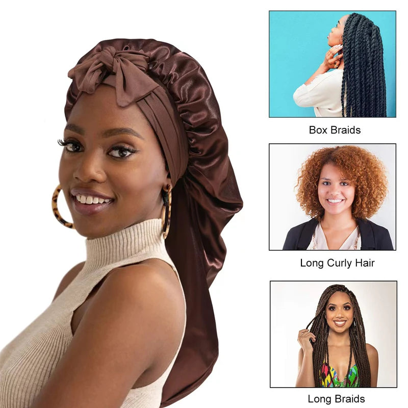 Leopard Print Satin Sleep Cap For Long Hair And Dreadlock Extra Large Silky Bonnet With Long Wide Tie For Women Sleeping Bonnet
