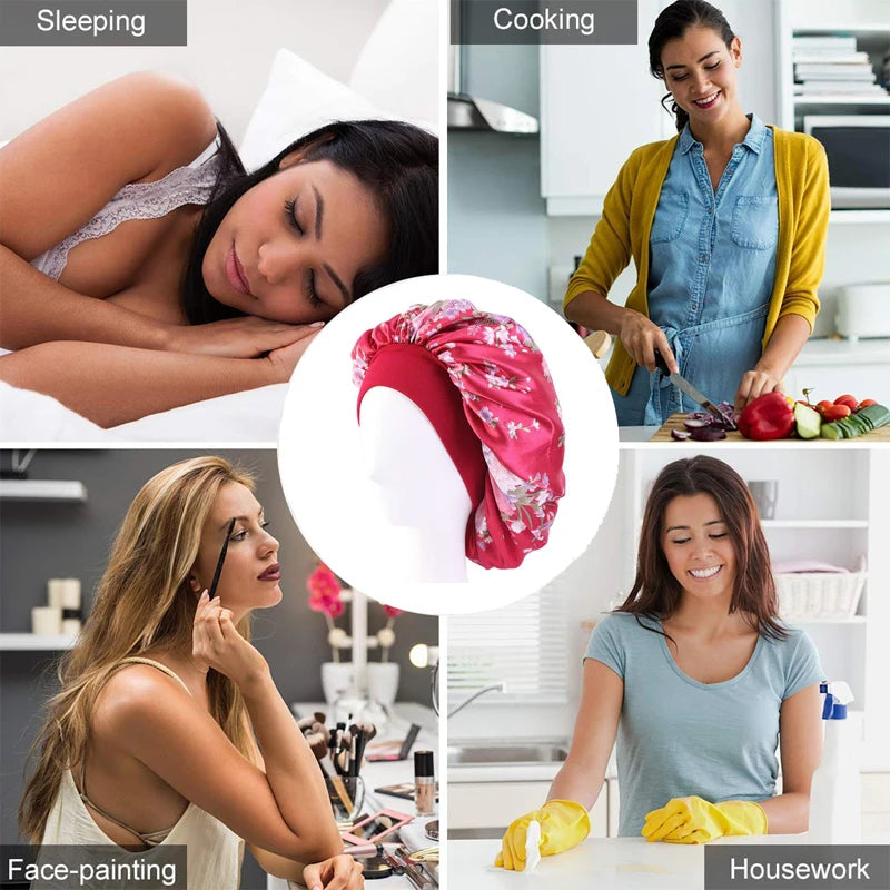 2Pcs Large Print Satin Bonnet With Stretchy Headwrap For Curly Hair Smooth Women Hair Cover Hair Wrap Cap Silk Scarf Sleep Hat