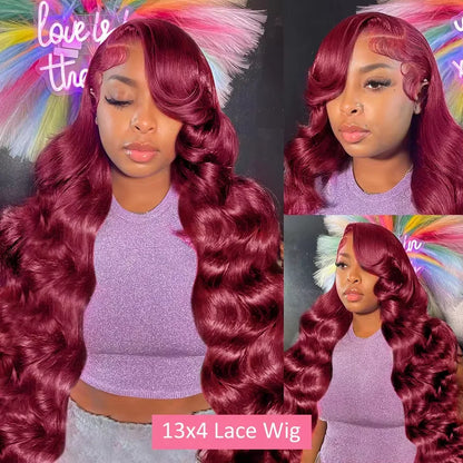 200% Body Wave Wig Burgundy 99J Lace Front Wig 13x4 13x6 HD Lace Frontal Wig Human Hair Pre Plucked 99j Red Colored Wig