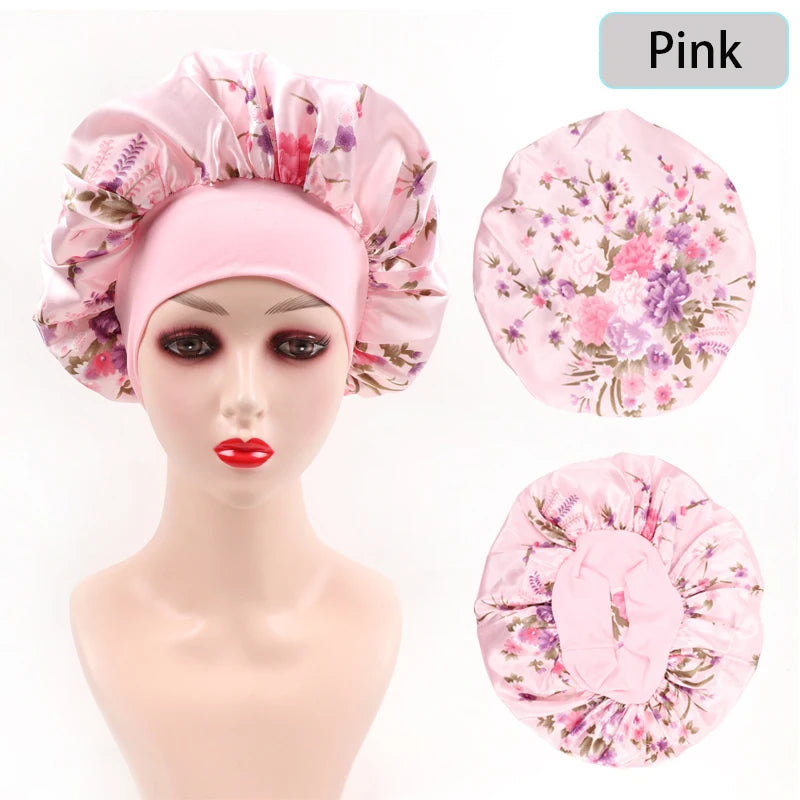 2Pcs Large Print Satin Bonnet With Stretchy Headwrap For Curly Hair Smooth Women Hair Cover Hair Wrap Cap Silk Scarf Sleep Hat