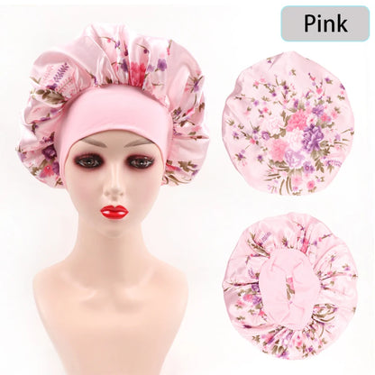 2Pcs Large Print Satin Bonnet With Stretchy Headwrap For Curly Hair Smooth Women Hair Cover Hair Wrap Cap Silk Scarf Sleep Hat