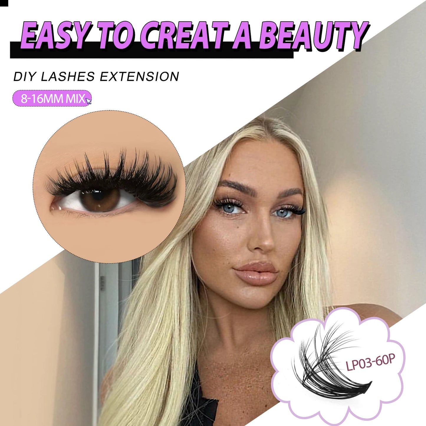 GROINNEYA Lashes Clusters Kit Mixed Individual Lashes Fluffy Faux Mink Lashes Soft Natural DIY Lashes Extension Set Makeup