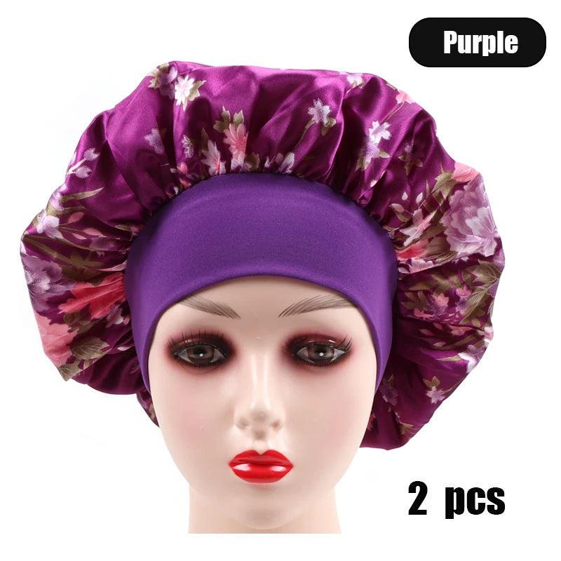 2Pcs Large Print Satin Bonnet With Stretchy Headwrap For Curly Hair Smooth Women Hair Cover Hair Wrap Cap Silk Scarf Sleep Hat
