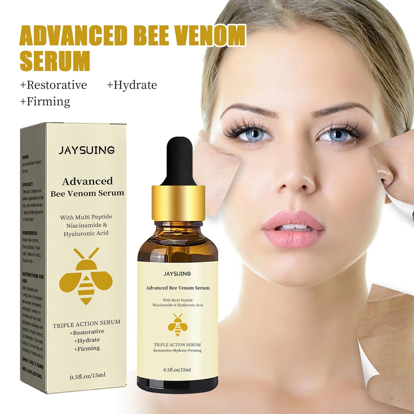 1/2/3pcs Bee Venom Facial Serum Face Essence Wrinkle Reduction Skin Tightening Natural Collagen Booster Hyaluronic Acid  Essence