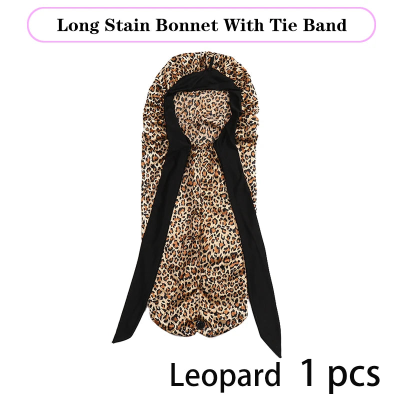 Leopard Print Satin Sleep Cap For Long Hair And Dreadlock Extra Large Silky Bonnet With Long Wide Tie For Women Sleeping Bonnet